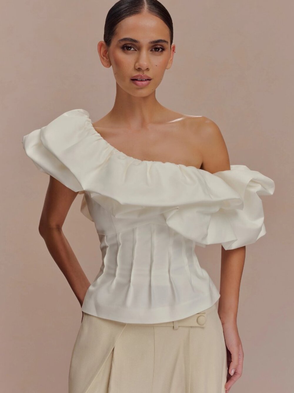 NWT Meshki Debbie One Shoulder Ruffle Bubble Top White XXL